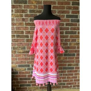 NWT Cabana Life Coral Geo Off The Shoulder Dress - pink - fringe - UPF 50+ - S